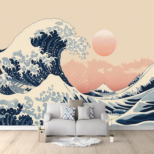 Wall Mural Wallpaper Japanese Style Waves Painting Pattern Wall Decor for Living Room Bedroom Cream Background Print Wallpaper Mural for Children's Room Office Wall Non-Woven Wallpaper 300 x 210 cm
