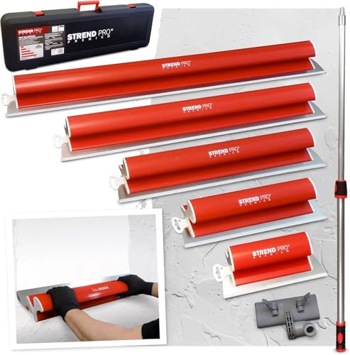 STREND PRO Set di Spatole per Stucco PREMIUM V2 | incl. 1000 mm, 800 mm, 600 mm, 400 mm, 250 mm, Manico Telescopico, Custodia | PROFI Set con Impugnatura a Z per per Muro a Secco e Stucchi