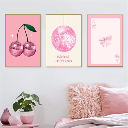 champracer 3er Rosa Poster Set, Rosa Bild Aesthetic Deko, Ästhetische Rosa Fliege Kirsche Wandbilder, Premium Leinwand Bilder Set Für Schlafsaal Teen Mädchen Zimmer Deko, Ohne Rahmen (40x50 cm,#B)