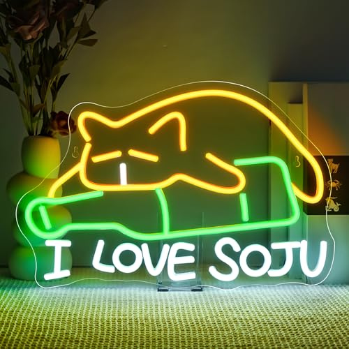 SIGNSHIP Katen Soju Bar Schild, Cat Neon Schild Dimmbar für Wanddekoration, Neon Sign Zeichen Licht Cat Shaojiu, Leuchtschild Wand Dekor für Bars,Wohnkultur,Taverne,Clubs,Partys
