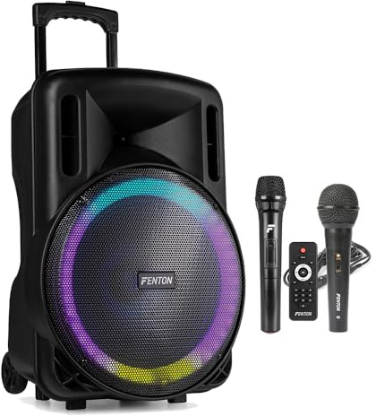 Fenton FT15LED MK2 15-Inch 800W Battery PA System, Bluetooth, Wireless Mics | LED lights, trolley wheels, telescopic handle, fitness, karaoke & live shows