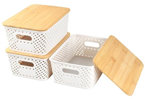 Mapille Lot de 3 Boîtes de Rangement avec Couvercles en Bambou 25x18x10cm Boîtes de Rangement Empilables 5L Boîtes de Rangement pour Salle de Bain, Cuisine pour étagères, Armoires, Placards et Maison