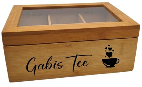 Lila Lotte Personalisierte Tee Box - für Teeliebhaber! aus Bambus, mit 6 Fächern, mit Wunschgravur! personalisiert mit Namen und Wunschdesign