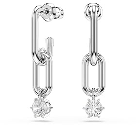 Swarovski Constella Drop-Ohrhänger, Rhodinierte Ohrringe mit Ineinandergreifenden Gliedern und Einem Schwingenden Swarovski Zirkonia im Rundschliff in Krallenfassung, Größe: 3.2 x 0.7 cm