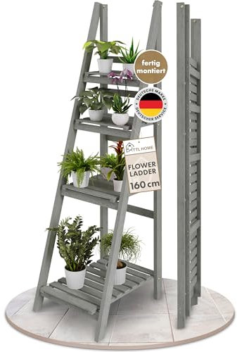 TTL HOME Blumenleiter Flower Ladder L 160x41x50cm hellgrau - 4-Ebenen Natur Holz Leiterregal Blumentreppe Blumenregal Pflanzentreppe Kräuterregal für innen & draußen Balkon Terrasse Outdoor klappbar