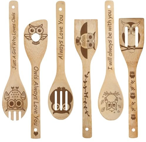 CRASPIRE 6 Cucchiaio di Legno con Scritta Gufi Ti Ameranno Sempre Utensili da Cucina Stoviglie Stoviglie in bambù Natura Intagliato Bruciato Spatole Forate per Decorazioni di Compleanno Regali