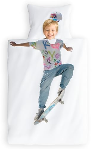 Carpe Sonno Kinderbettwäsche 135x200 cm Skater – Renforcé Baumwolle | Kinder Bettwäsche für Jungen & Mädchen | 100 % Baumwolle, 2-tlg mit Reißverschluss | Kissenbezug 80x80