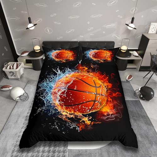 Homemissing Basketball Bettwäsche Set 135x200cm für Jungen Jugendliche Mädchen Gaming Sports Bettbezug Feuer- und Eisballspiele Betten Basketballspieler Schlafzimmer Dekorb