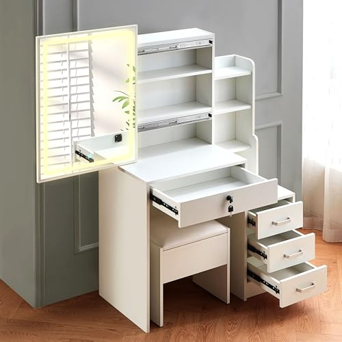 Qroxcey Dressing table with mirror and stool，LED Lights and Adjustable Brightness, Vanity Desk Set with Open Storage Shelves,5 Wooden Drawers，wooden vanity table, Spacious Storage