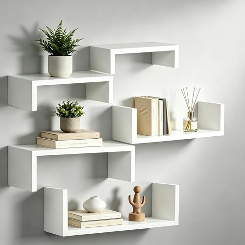 Coolty 5er Set Wandregal Weiß Holz Schweberegale, Regal Wand, Moderne Wandboard Deko für Wohnzimmer Badezimmer, Schlafzimmer, Küche, Büro (Weiß)
