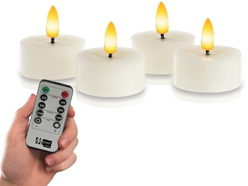 Meisterhome® LED-Teelichter 4er-Set Kerzen Elfenbein – flammenlos mit flackerndem Licht – Ø 7 cm, Höhe 3 cm – aus echtem Wachs – mit Timer & Fernbedienung – batteriebetrieben – warmweißes Licht