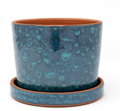 Generisch Keramik Blumentopf „Ocean Flame“ mit Untersetzer – Handmade Übertopf aus Terrakotta & Glasur – Pflanztopf für Zimmerpflanzen & Balkon – Ø [14,5] cm