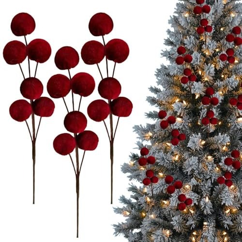 3Pcs 12 Inch Christmas Tree Picks Velvet Christmas Ornaments Spheres Ball Pick Xmas Tree Branches Hanging Decoration Wreath Home Office Party Ornament (Burgundy)