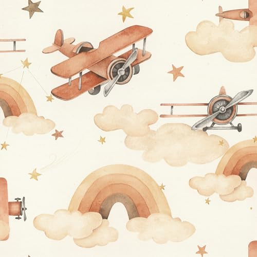 Rasch Kids World Collection 301557 Non-Woven Wallpaper with Planes and Rainbow in Beige