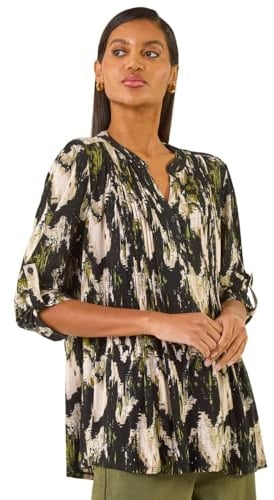 Roman Originals Pintuck Shirt for Women Ladies Jersey Blouse Collarless Top Flare Crinkle Notch Neck Tunic 3/4 Length Sleeve Longline Smart Casual Party Going Out - Noir Abstract - Size 18