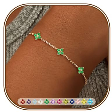FUNEIA Armband Damen Gold Geburtsstein 18K Vergoldet Kleeblatt Armband | Verstellbar Zirkonia Goldene Armbänder Blumen Armkette Damenarmband Wasserfest Schmuck Geschenke für Frauen Mädchen