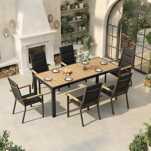 TRIUMPHKEY Gartenmöbel Set 6 Personen, Balkonmöbel mit Aluminium, 6 Stapelstühle mit Holzmaserung und 1 189cm PS Gartentisch, Terassenmöbel Außen, Braun