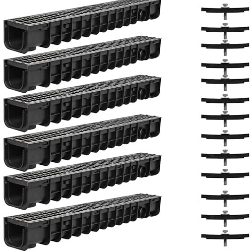 Mucola Entwässerungsrinne 6m Komplett-Set Gussrost C250 bis 25 t befahrbar | 6 Elemente je 100x14x11,5 cm, DN75 Ablaufstutzen, inkl. Diebstahlschutz, Stecksystem, für Einfahrt, Hof, Terrasse, Schwarz