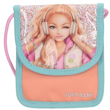 Depesche 14109 TOPModel Music - Brustbeutel in Pink, Apricot und Türkis, mit Model Motiv und Glitzer, Umhängetasche mit Klettverschluss und vielen Fächern