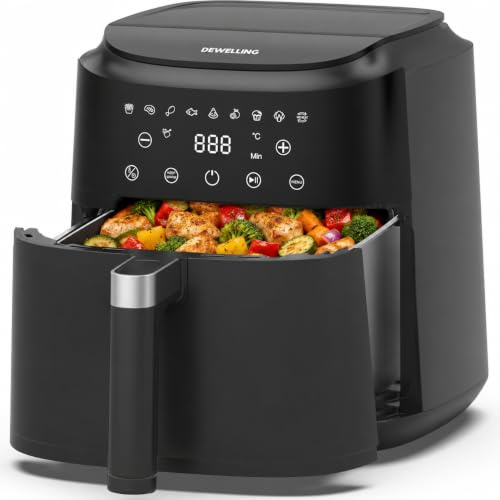 Dewelling XL Airfryer 6L, Heißluftfritteuse mit 9 Programmen, Heissluftfriteuse mit Digitales Display, Warmhaltefunktion, 1650W, Metall-Innenraum, Ohne PFAS Für gesundes Kochen, 40–200°C