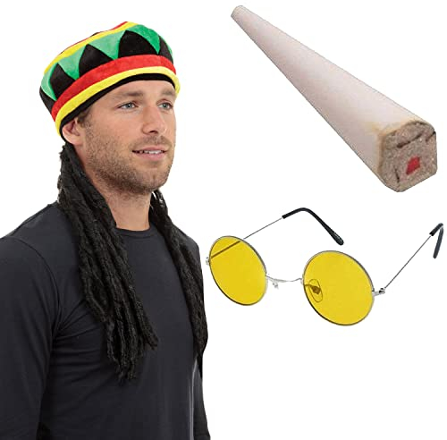 Mega_JumbleSale® RASTA RAGGAE JAMAICAN BOB MARLEY Erwachsene Rasta Jamaikanischer Hut Fake Spliff Gelb Brille Karibik Kostüm Set