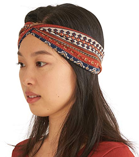 Boho Turban Headbands for Women - Cotton Stretchy Head Wraps Criss Cross Twist Hair Band Bohemian Ottoman Print Hairband Red