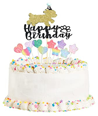 Dog Happy Birthday Cake Topper Cake Puppy Pick for Pet Dog Birthday Party,Colourful Heart and Star