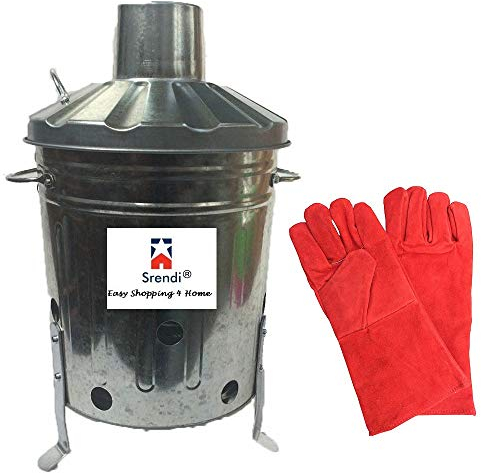Srendi® Small Large Extra Large 15L 90L 110L Litre Metal Galvanised Garden Incinerator Fire Bin Burning Leaves Paper Wood Rubbish Dustbin with Free Red Gloves Made in U. K. (15L Incinerator)