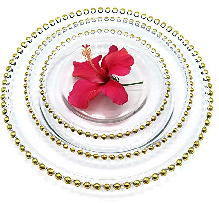 LJJ 3PC Assiettes en Verre Transparent, Assiettes Plates, Verre Ornées de Perles Dorées pour Noël, Mariage Assiettes (32cm,27cm,21cm)