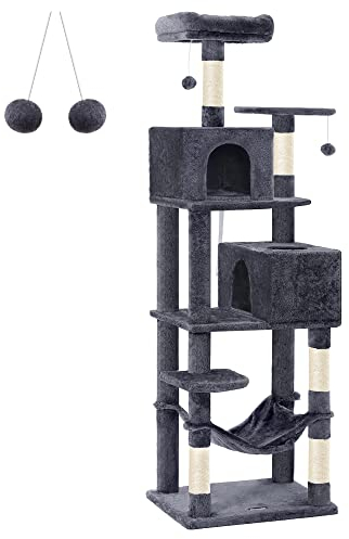 Feandrea Kratzbaum, 191 cm hoch, Katzenbaum mit 5 Kratzsäulen, 2 Plattformen, 2 Katzenhöhlen, Hängematte, 2 Plüschbälle, Plüsch, mehrstöckiges Design, rauchgrau PCT191G01