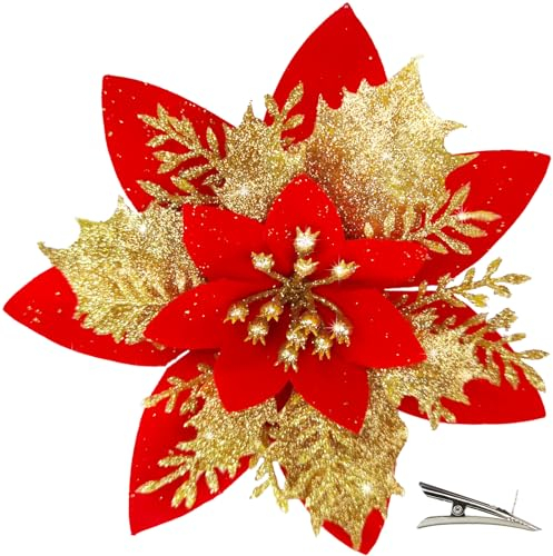20 Piezas Flores de Navidad con Clip, Flores Artificiales para Decoración de Navidad con Polve de Brillo para Guirnalda Corona Árbol de Navidad (Dorado Rojo)
