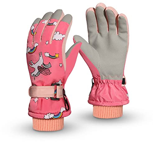 Kinder Winter Skihandschuhe Wasserdicht Snowboard Handschuhe Anti-Rutsch Plüsch Warm Rosa Einhorn Handschuhe für Mädchen Jungen 7-12 Jahre alt