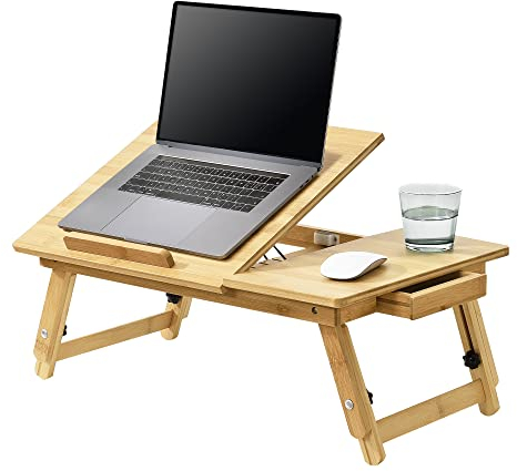 [en.casa] Bambus Laptoptisch Trysil 55 x 35 x 28 cm Notebooktisch für max. 17 Notebooks Lapdesk Betttisch mit Schublade Klappbar Höhenverstellbar
