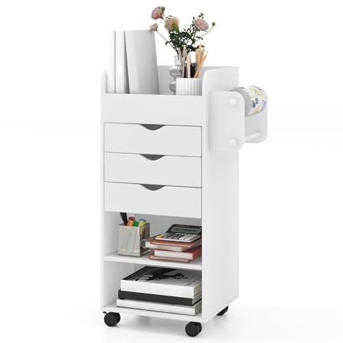 COSTWAY Mobile File Cabinet, Drawer Lateral Stationery Storage Organiser Chest with Wheels, Home Office Printer Stand Side Filing Cupboard (3 Drawers + 3 Shelves + 3 Slots + 2 Hanging Rods)