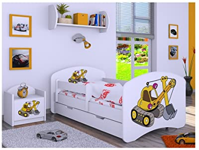 BDW Kinderbett mit Matratze und Bettkasten - NEU, 140/160/180/190 Verschiedene Motive Für Junge Weiß (Bagger, 160x80)