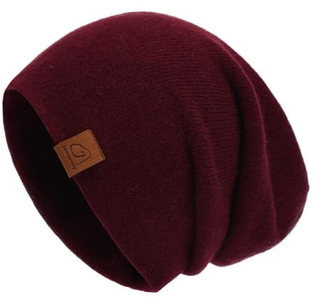 jaxmonoy Strickmütze aus Wolle und Kaschmir, Wintermützen für Damen, weich, warm, doppellagig, wendbar, Slouchy Skull Beanie Mütze, Weinrot, M