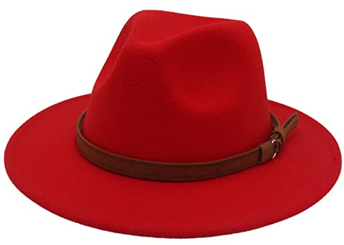 Faringoto Fedora Hut Damen Wollfilz Vintage Kirche Damen Hut Unisex breite Krempe, rot, M