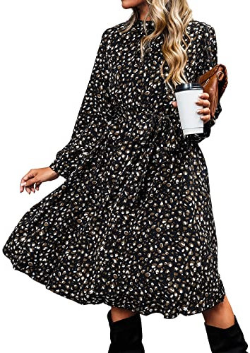 CUPSHE Women Midi Dress A-Line Flowy Swing Lights Speckled Print Long Sleeve High Neck Ruffle Fall Casual Party Cocktail Dress Multicoloured XL