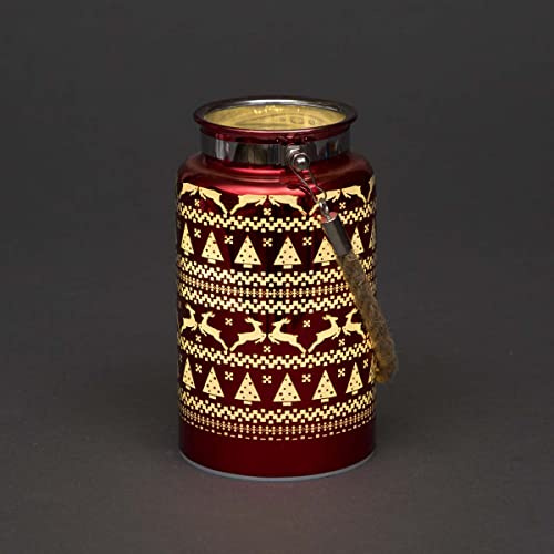 SHATCHI 16cm Christmas Decorated Jar Table Lamp Etched Glass Tube Skandi Design Red Lantern LED Fairy Lights Battery Operated