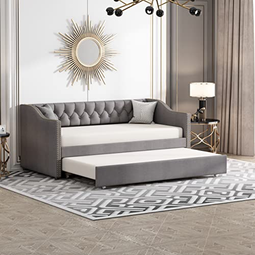 Azkoeesy Polsterbett, Schlafsofa, Tagesbett, Funktionsbett, Jugendbett, Kinderbett, mit Ausziehbett, Nietenverzierungen, Lattenrost, Bezug aus Leinen, 90 x 200 cm, Grau
