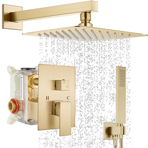 Midanya Sistema doccia a pioggia, soffione doccia quadrato a pioggia, montaggio a parete, rubinetto con spruzzatore a mano, kit di finiture con valvola sgrossata per bagno, miscelatore per doccia,