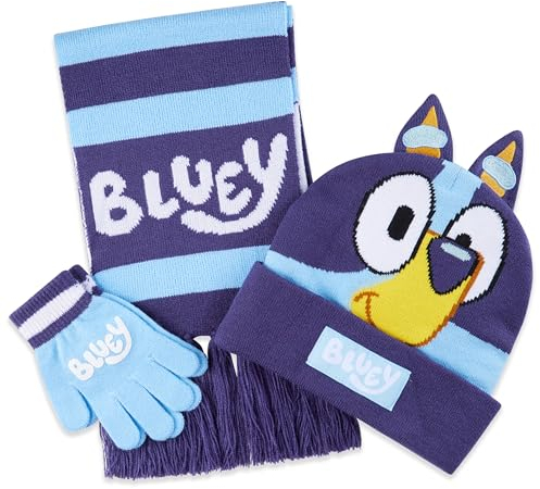 Bluey Mädchen Winter Accessoires Set, Mütze, Schal & Handschuhe oder Beanie & Handschuhe - Geschenke für Kinder (2-8 Jahre, Blau Bluey 3-Teilig)