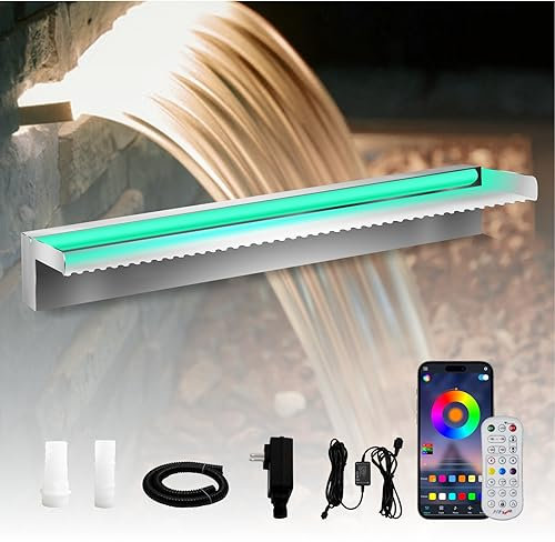 Pamopamo Teich-Wasserfall-Spillway Edelstahl-Poolbrunnen, App-Steuerung, LED-beleuchtetes Wasserfall-Set, Outdoor-Wasserfluss, Wasserfall-Set für Garten, Terrasse, Koi-Teich-Dekoration, 59,9 x 19,8 x