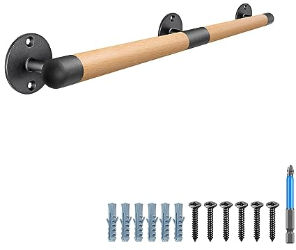 SELEWARE Corrimano in legno da 86 cm, per scale interne, corrimano per cartongesso con robuste barckets in metallo, barra di sostegno per scale senza barriere per anziani, rotondo da 3,3 cm