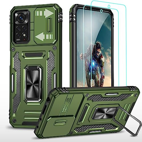 YmhxcY Funda para Xiaomi Redmi Note 11/Xiaomi Redmi Note 11S funda,*2 protectores de pantalla, funda protectora de cámara de grado militar, soporte de metal giratorio 360° verde oliva