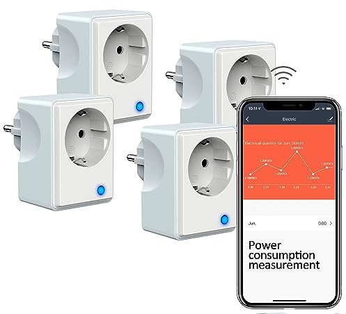 Wlan Steckdosen mit Strommessung, Smart Home Wlan Zeitschaltuhr und Stromzähler Steckdose Funktionieren mit Alexa und Google Home, Smart Life APP, 16A/3680W, Weiß und Grau,4 Pack