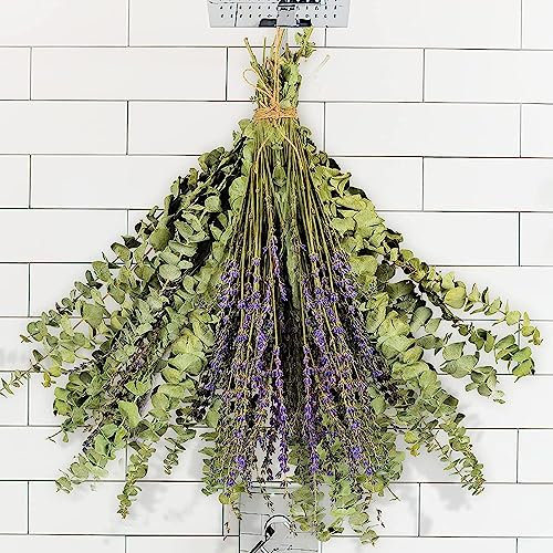Oning 120 PCS Dried Eucalyptus Stems & Lavender Flowers Bundle for Shower, 17'' Natural Real Live Eucalyptus Leaves Greenery Stems & Aromatic Lavender Shower Plant, Fragrance, Decor