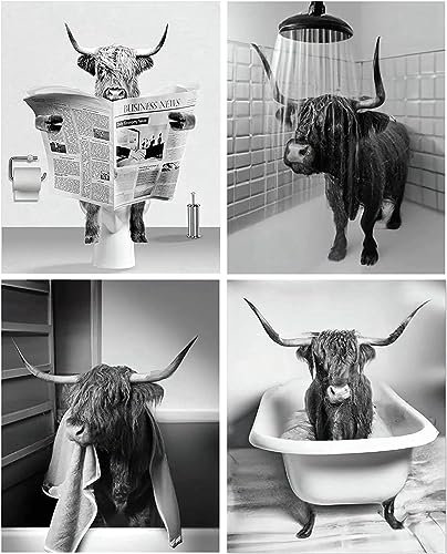 QPLGTU Badezimmer Haus Hintergrund Wanddekoration Poster, Schwarz und weiß Hochland Vieh Tier Dekoration Fotos Tapete, lustige Tier Druck Poster, Rahmenlos (Badezimmer Tier 4, 20x30cm*4)