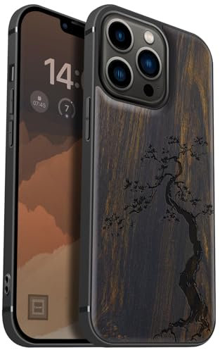 Carveit Custodia Compatibile MagSafe per iPhone 13 Pro Case, Legno Cover avec Magnetico per Apple 13 Pro Custodia Paraurti Robusto TPU (Legno nero-Il maestoso pino)