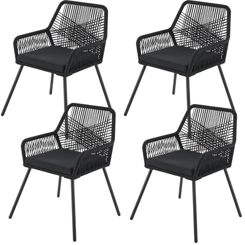 Juskys set da quattro sedie da giardino in corda Kastos – Con braccioli e cuscino – Capacità di carico di 150 kg – Giardino, balcone, esterno – Nero
